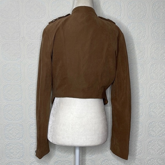 UMGEE | Tan Faux Suede Cropped Moto Jacket with Applets & Zipper Details - Picture 6 of 11